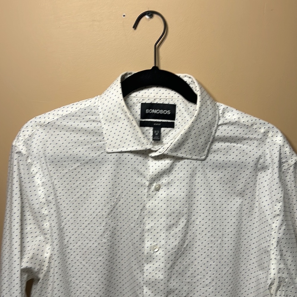Bonobos stretch long sleeve dress shirt - White/blue polka dot 16.5/35 Slim Fit